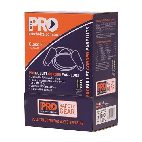 Probullet Earplugs - Corded. Box(100 Pairs)